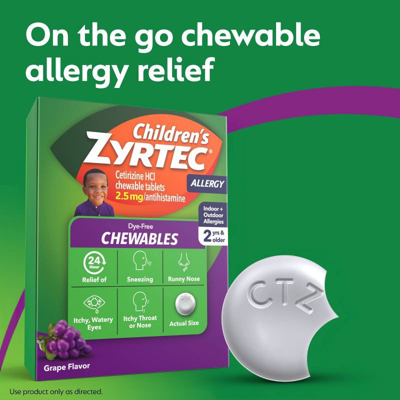 slide 5 of 9, Zyrtec Children's Dye Free Cetirizine 2.5mg Chewables - Grape - 24ct, 2.5mg, 24 ct