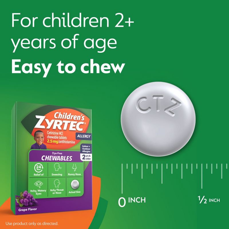 slide 8 of 9, Zyrtec Children's Dye Free Cetirizine 2.5mg Chewables - Grape - 24ct, 2.5mg, 24 ct
