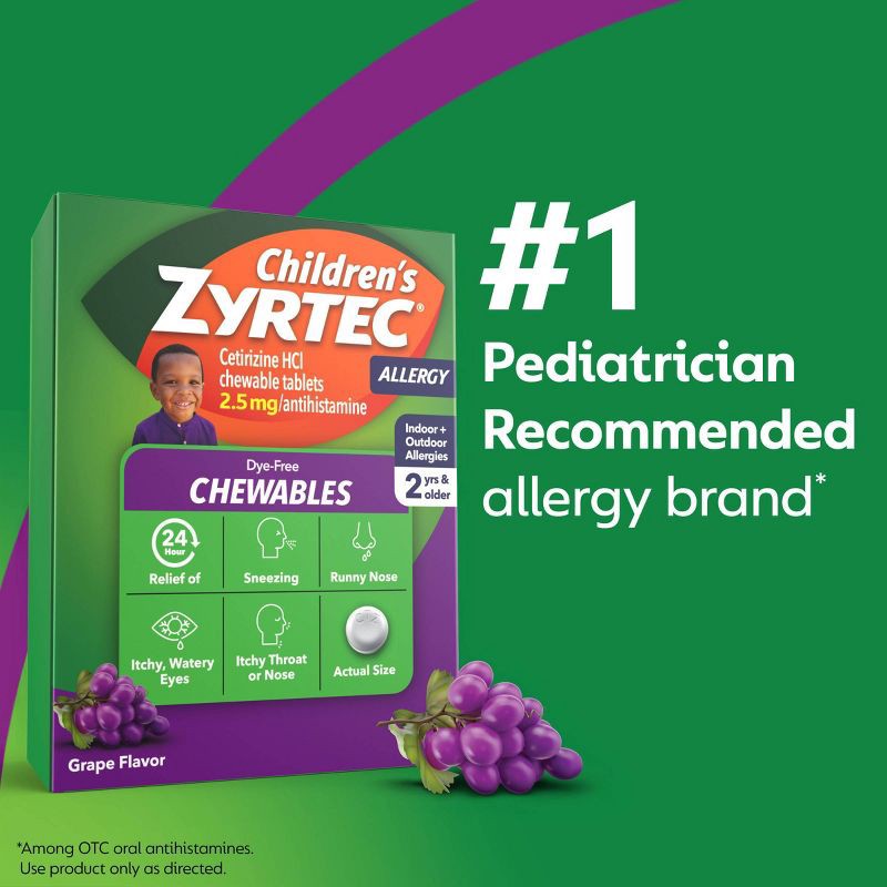 slide 9 of 9, Zyrtec Children's Dye Free Cetirizine 2.5mg Chewables - Grape - 24ct, 2.5mg, 24 ct