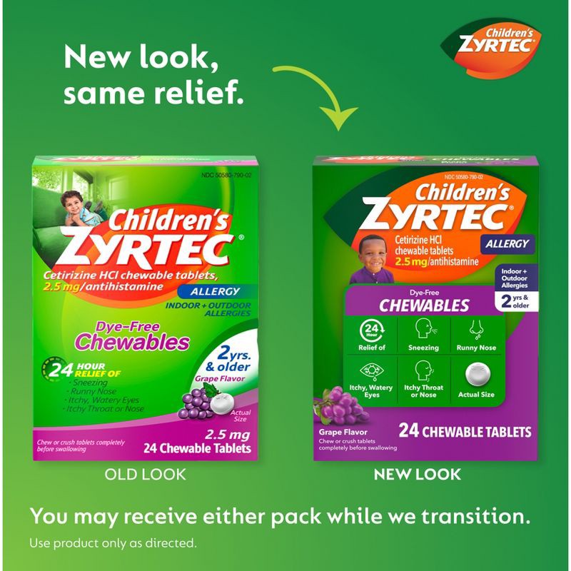 slide 3 of 9, Zyrtec Children's Dye Free Cetirizine 2.5mg Chewables - Grape - 24ct, 2.5mg, 24 ct