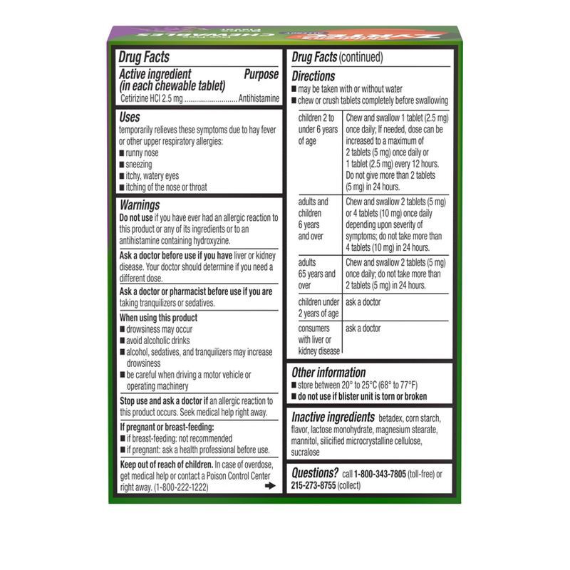 slide 2 of 9, Zyrtec Children's Dye Free Cetirizine 2.5mg Chewables - Grape - 24ct, 2.5mg, 24 ct