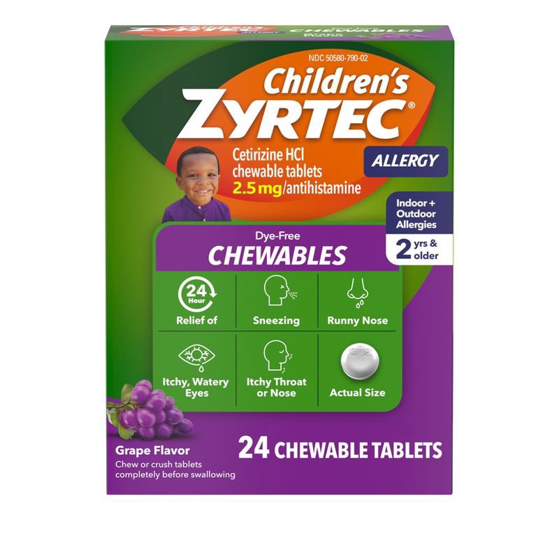 slide 1 of 9, Zyrtec Children's Dye Free Cetirizine 2.5mg Chewables - Grape - 24ct, 2.5mg, 24 ct