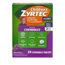Zyrtec Children&#x27;s Dye Free Cetirizine 2.5mg Chewables - Grape - 24ct
