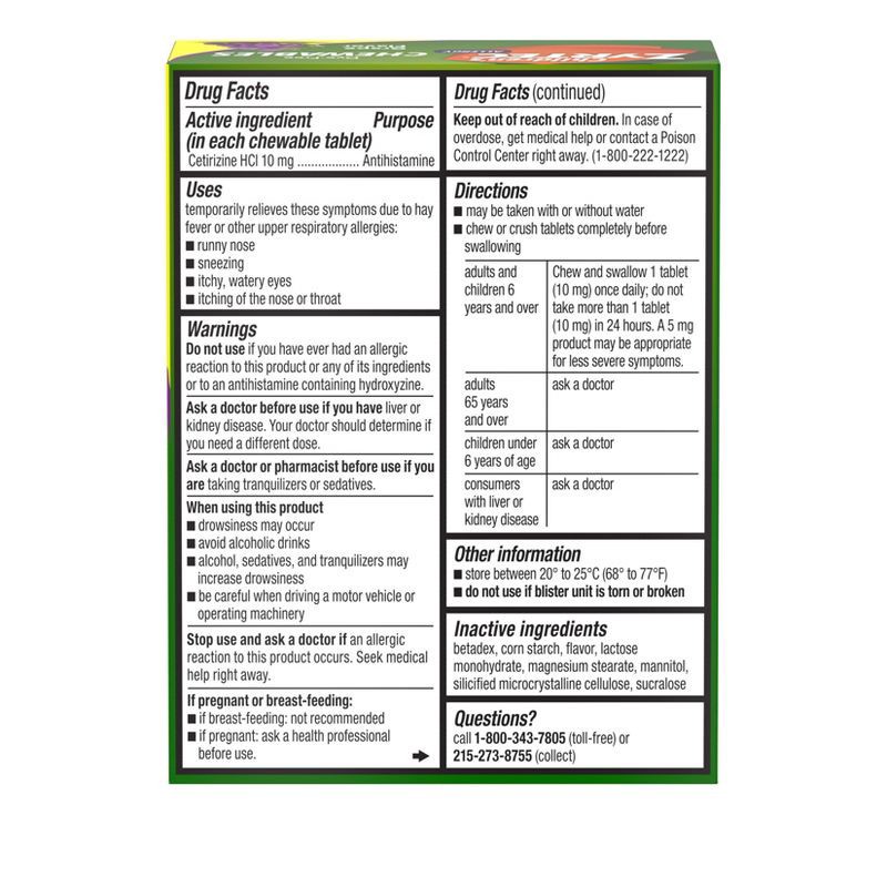 slide 2 of 9, Zyrtec Children's Dye Free Cetirizine 10mg Chewables - Grape - 24ct, 24 ct; 10 mg