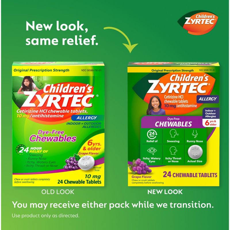 slide 3 of 9, Zyrtec Children's Dye Free Cetirizine 10mg Chewables - Grape - 24ct, 24 ct; 10 mg