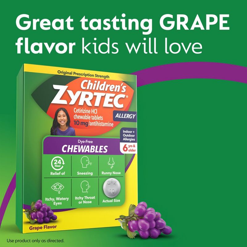 slide 4 of 9, Zyrtec Children's Dye Free Cetirizine 10mg Chewables - Grape - 24ct, 24 ct; 10 mg