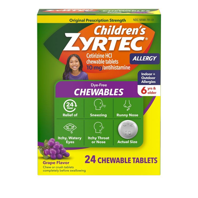 slide 1 of 9, Zyrtec Children's Dye Free Cetirizine 10mg Chewables - Grape - 24ct, 24 ct; 10 mg