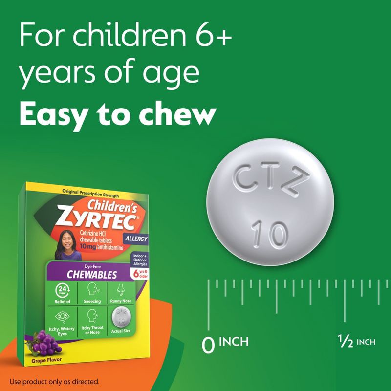 slide 7 of 9, Zyrtec Children's Dye Free Cetirizine 10mg Chewables - Grape - 24ct, 24 ct; 10 mg