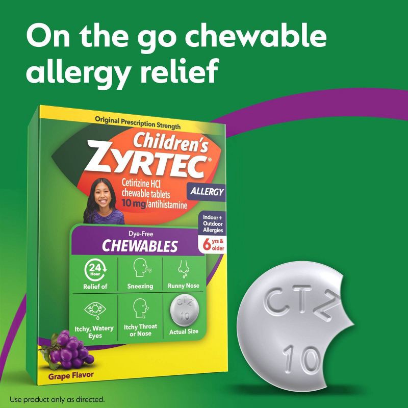 slide 8 of 9, Zyrtec Children's Dye Free Cetirizine 10mg Chewables - Grape - 24ct, 24 ct; 10 mg