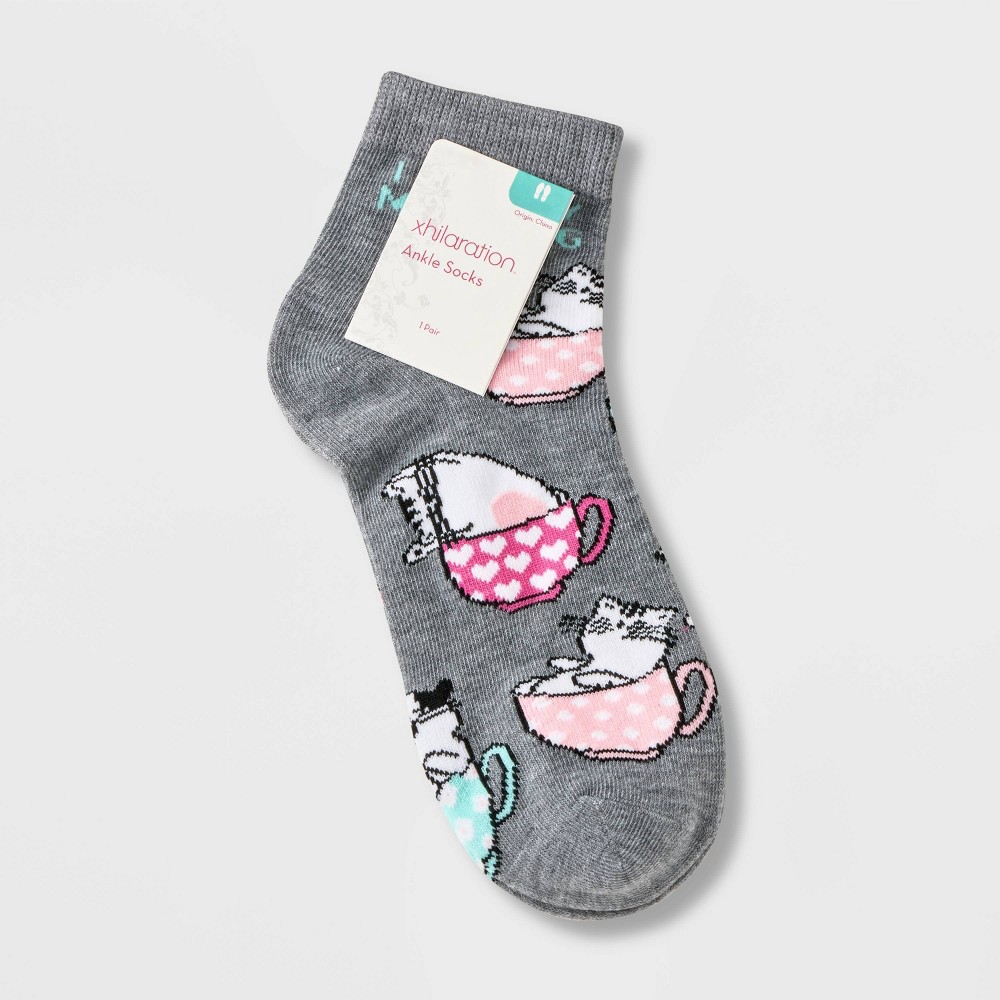 Women's "Meowning Coffee" Ankle Socks Xhilaration Charcoal Gray 410 1 ct Shipt