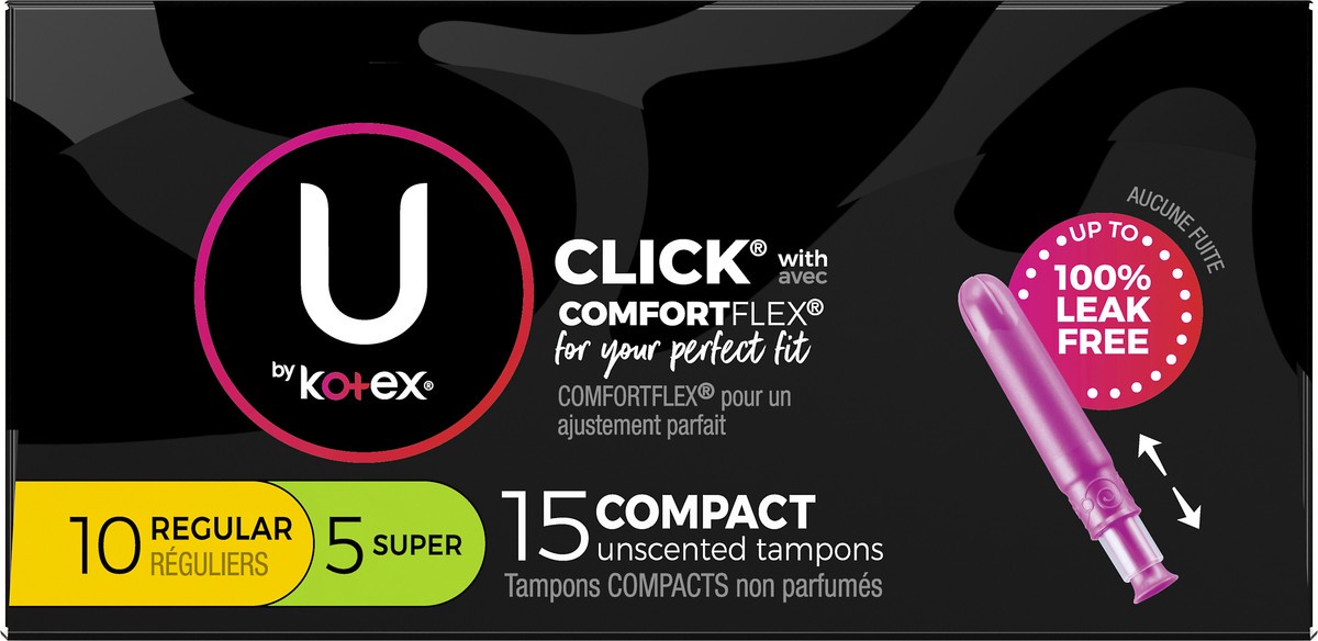 slide 5 of 9, U by Kotex Click Regular/Super Compact Unscented Tampons 15 ea, 15 ct