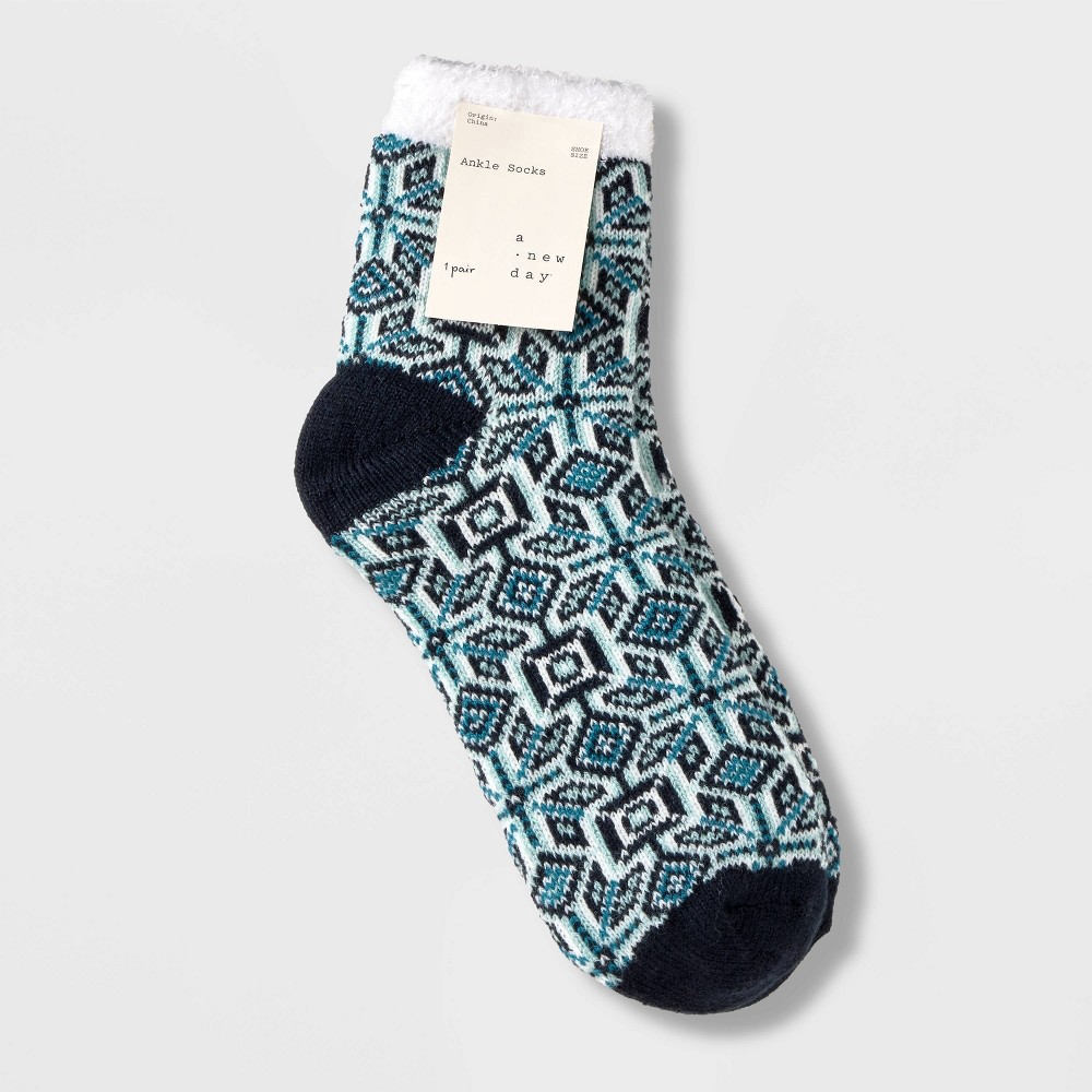slide 2 of 2, Women's Mosaic Pattern Double Lined Cozy Ankle Socks - A New Day Navy Blue 4-10, 1 ct