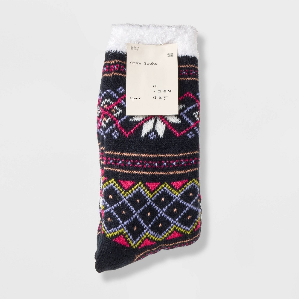 slide 2 of 2, Women's Fair Isle Double Lined Cozy Crew Socks - A New Day Navy Blue 4-10, 1 ct