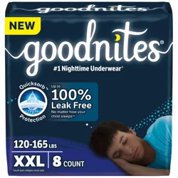 Goodnites Boys' Nighttime Underwear, Size XXL (120-165+ lbs), 8 Ct