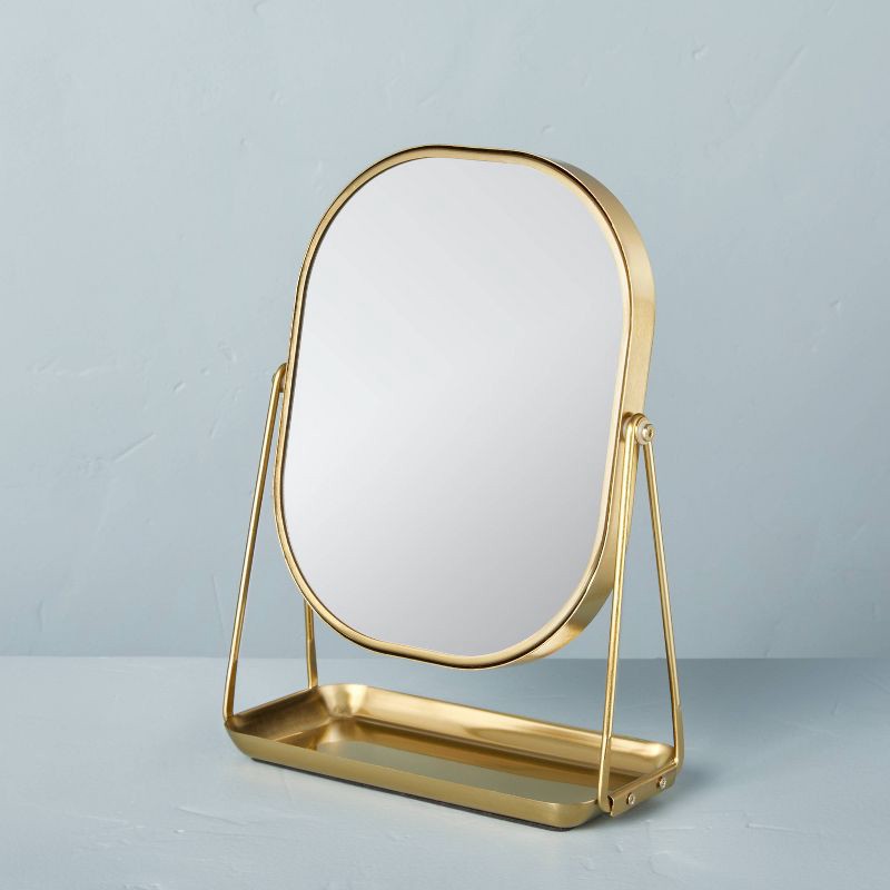 slide 1 of 3, Hearth & Hand with Magnolia Brass Vanity Flip Mirror with Tray - Hearth & Hand™ with Magnolia: Swivel, 3X Magnification, Rectangular, 1 ct