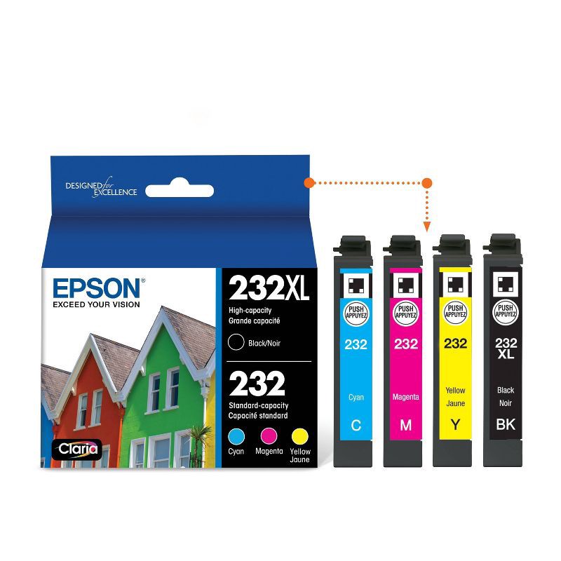 slide 2 of 5, Epson 232XL Black 232 C/M/Y 4pk Ink Cartridges - Black Cyan Magenta Yellow (T232XL-BCS), 4 ct