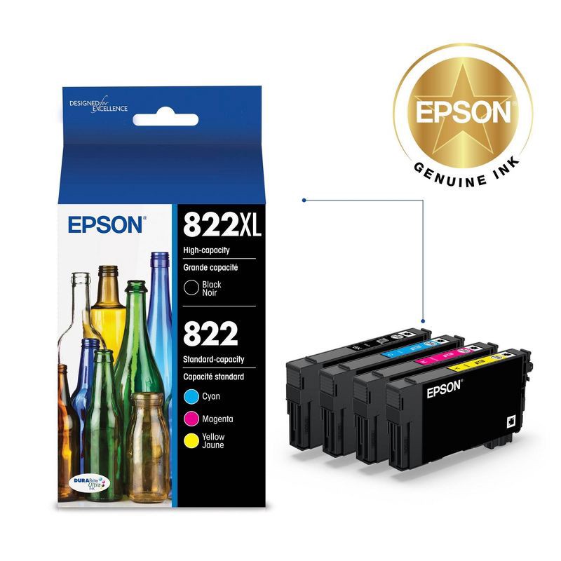 slide 2 of 6, Epson 822XL Black 822 C/M/Y 4pk Ink Cartridges - Black Cyan Magenta Yellow (T822XL-BCS): Printer Ink Series, Standard Yield, 4 ct