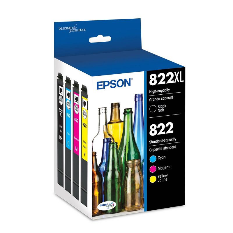 slide 1 of 6, Epson 822XL Black 822 C/M/Y 4pk Ink Cartridges - Black Cyan Magenta Yellow (T822XL-BCS): Printer Ink Series, Standard Yield, 4 ct