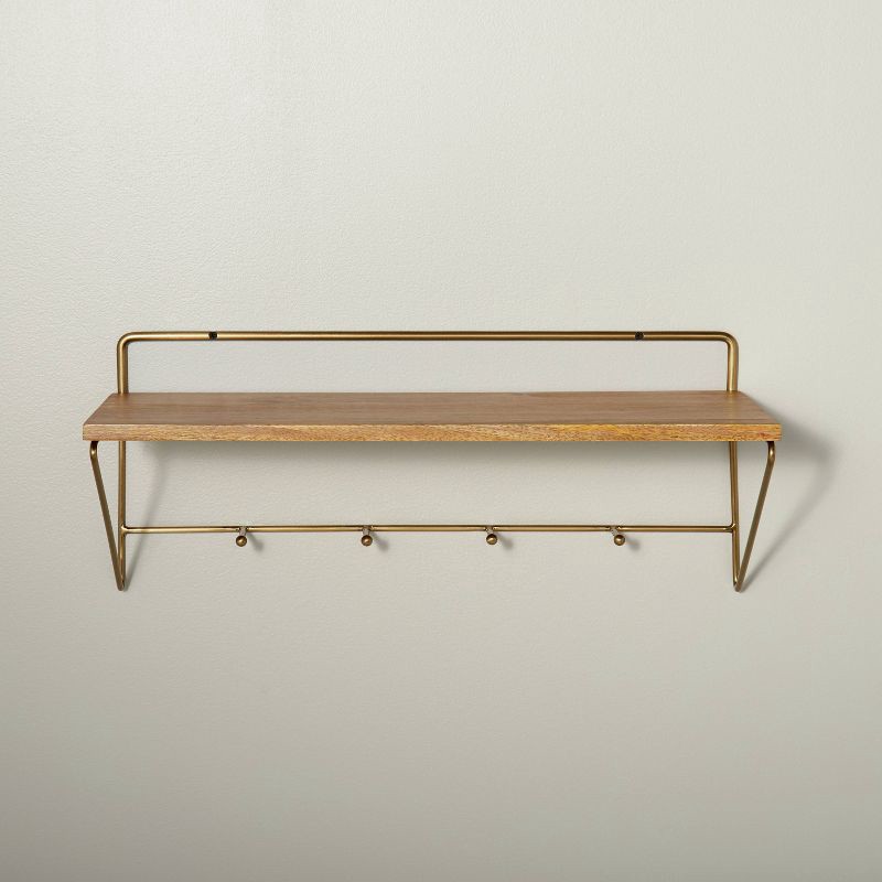 slide 1 of 3, Hearth & Hand with Magnolia 24" Wood & Brass Wall Shelf with Hooks - Hearth & Hand™ with Magnolia: Stained Mango, Iron Frame, No Assembly Required, 1 ct