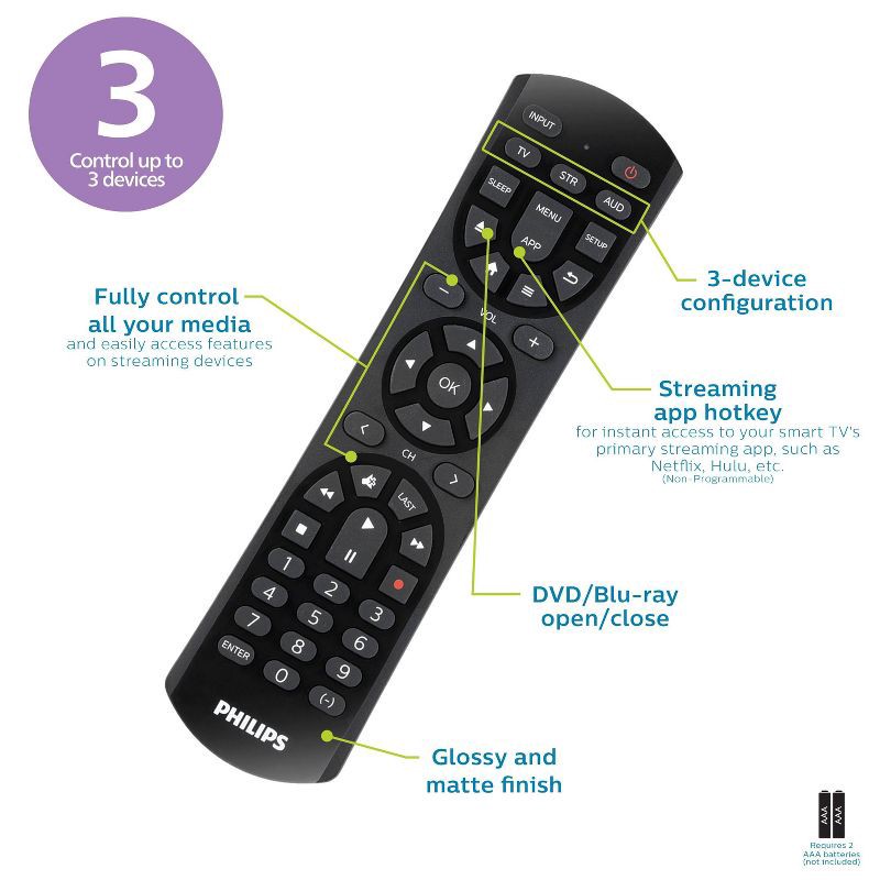 slide 4 of 7, Philips 3-Device Universal Remote Control: Infrared Home Theater Accessory, 1 ct