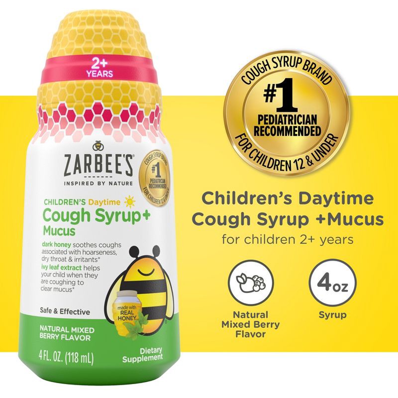 slide 12 of 12, Zarbee's Kid's Cough + Mucus Daytime with Honey, Ivy Leaf, Zinc & Elderberry - Mixed Berry - 4 fl oz, 4 fl oz