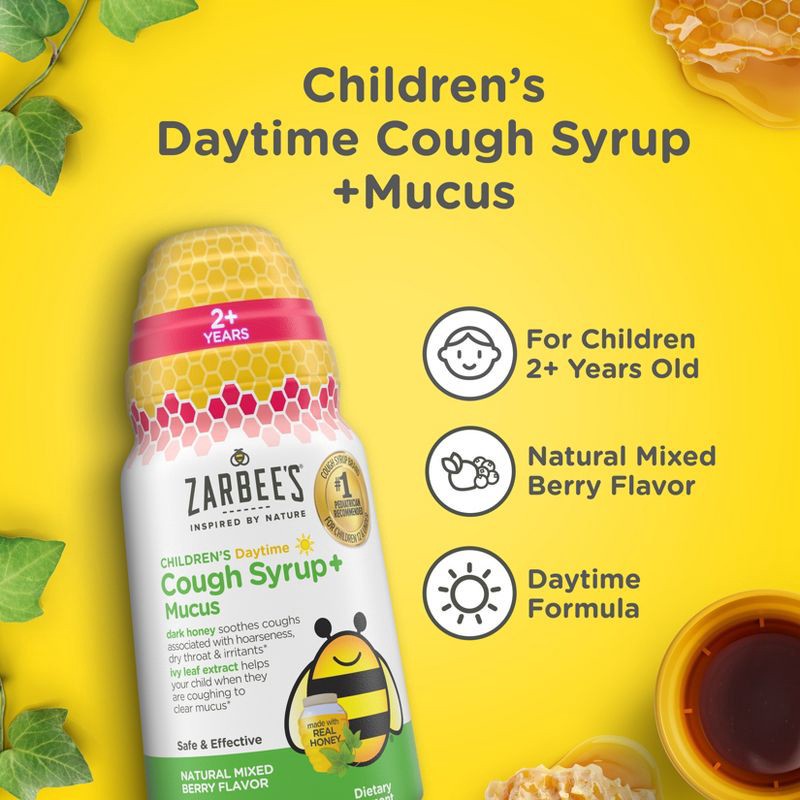 slide 5 of 12, Zarbee's Kid's Cough + Mucus Daytime with Honey, Ivy Leaf, Zinc & Elderberry - Mixed Berry - 4 fl oz, 4 fl oz