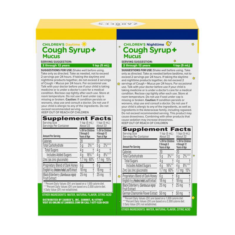 slide 2 of 13, Zarbee's Kid's Cough + Mucus Day/Night with Honey, Ivy Leaf, Zinc & Elderberry - Mixed Berry - 8 fl oz, 8 fl oz