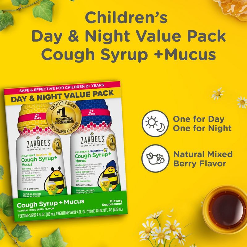 slide 13 of 13, Zarbee's Kid's Cough + Mucus Day/Night with Honey, Ivy Leaf, Zinc & Elderberry - Mixed Berry - 8 fl oz, 8 fl oz