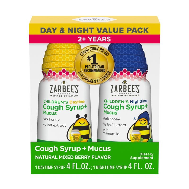 slide 1 of 13, Zarbee's Kid's Cough + Mucus Day/Night with Honey, Ivy Leaf, Zinc & Elderberry - Mixed Berry - 8 fl oz, 8 fl oz