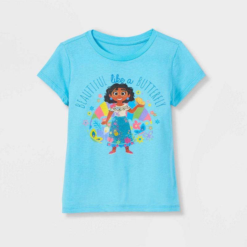 slide 1 of 2, Girls'Disney Encanto Butterfly Short Sleeve Graphic T-Shirt - Blue M: Mirabel, Tween Casual Wear, Cotton Blend, 1 ct