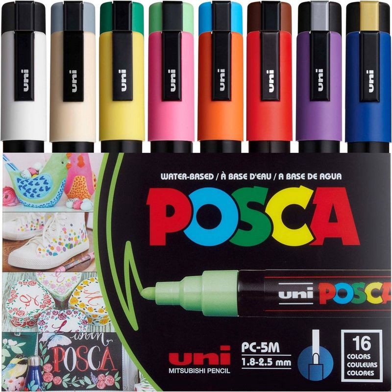 slide 1 of 8, uniball uni POSCA 16pk PC-5M Water Based Paint Markers Medium Point 1.8-2.5mm in Assorted Colors: Art Stationery Set, 16 ct