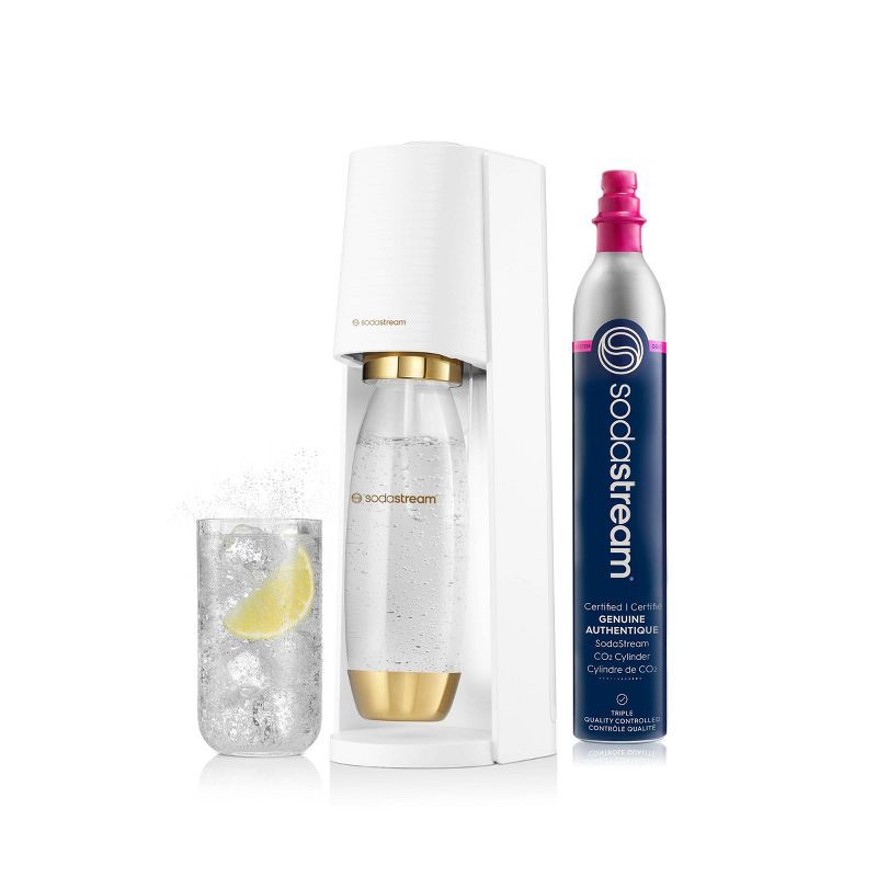slide 1 of 10, SodaStream Terra Sparkling Water Maker with CO2 and Carbonating Bottle White/Gold: Soda Streamer Machine, 1 ct