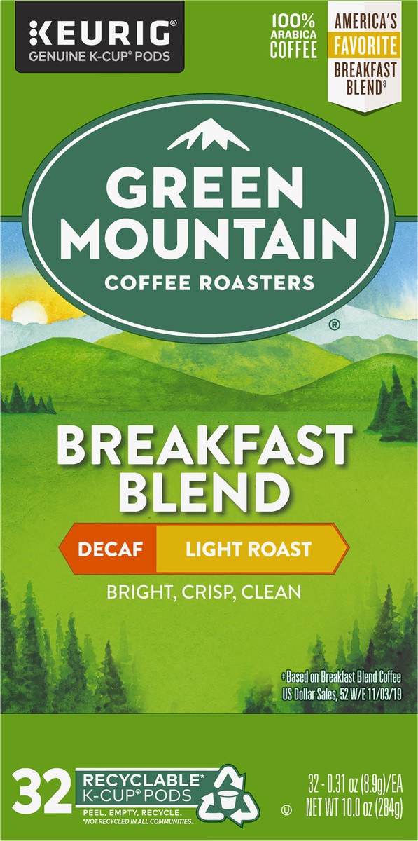 slide 3 of 7, Green Mountain Coffee Roasters K-Cup Pods Breakfast Blend Decaf Light Roast 100% Arabica Coffee 32 ea Box, 32 ct