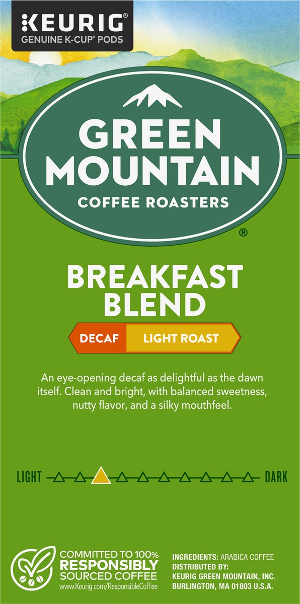 slide 5 of 7, Green Mountain Coffee Roasters K-Cup Pods Breakfast Blend Decaf Light Roast 100% Arabica Coffee 32 ea Box, 32 ct