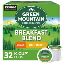 Green Mountain Coffee Roasters K-Cup Pods Breakfast Blend Decaf Light Roast 100% Arabica Coffee 32 ct Box