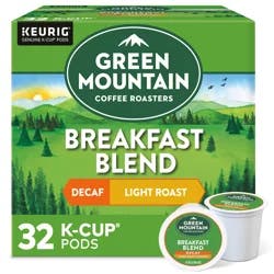 Green Mountain Coffee Roasters K-Cup Pods Breakfast Blend Decaf Light Roast 100% Arabica Coffee 32 ea Box