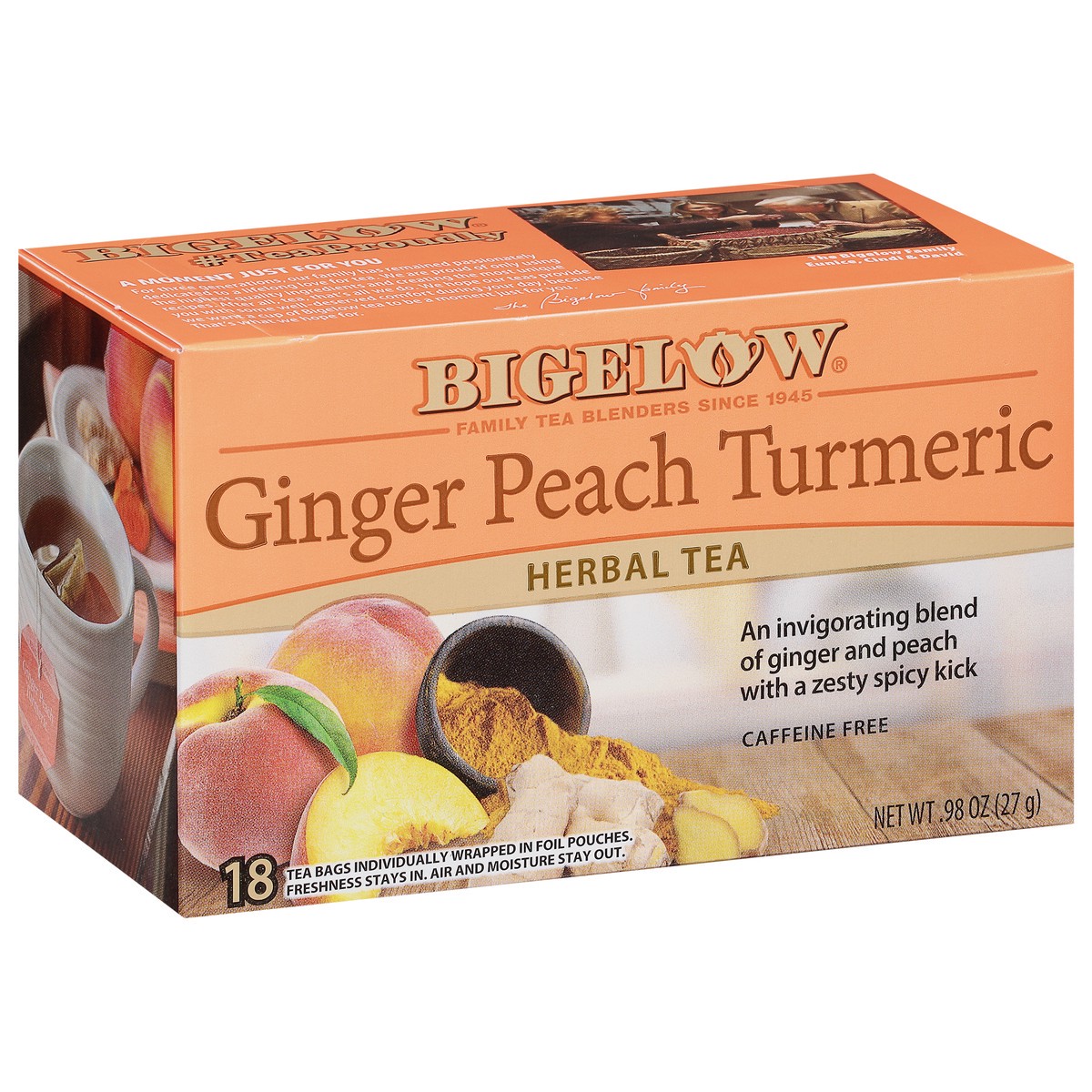 slide 2 of 9, Bigelow Caffeine Free Ginger Peach Turmeric Herbal Tea 18 Tea Bags, 18 ct