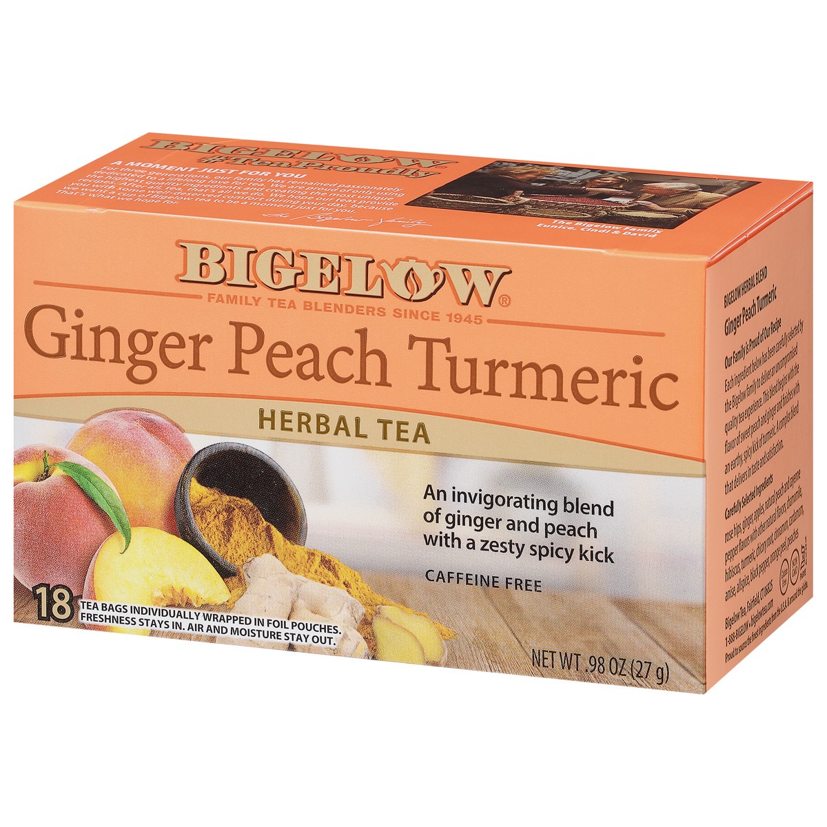 slide 3 of 9, Bigelow Caffeine Free Ginger Peach Turmeric Herbal Tea 18 Tea Bags, 18 ct