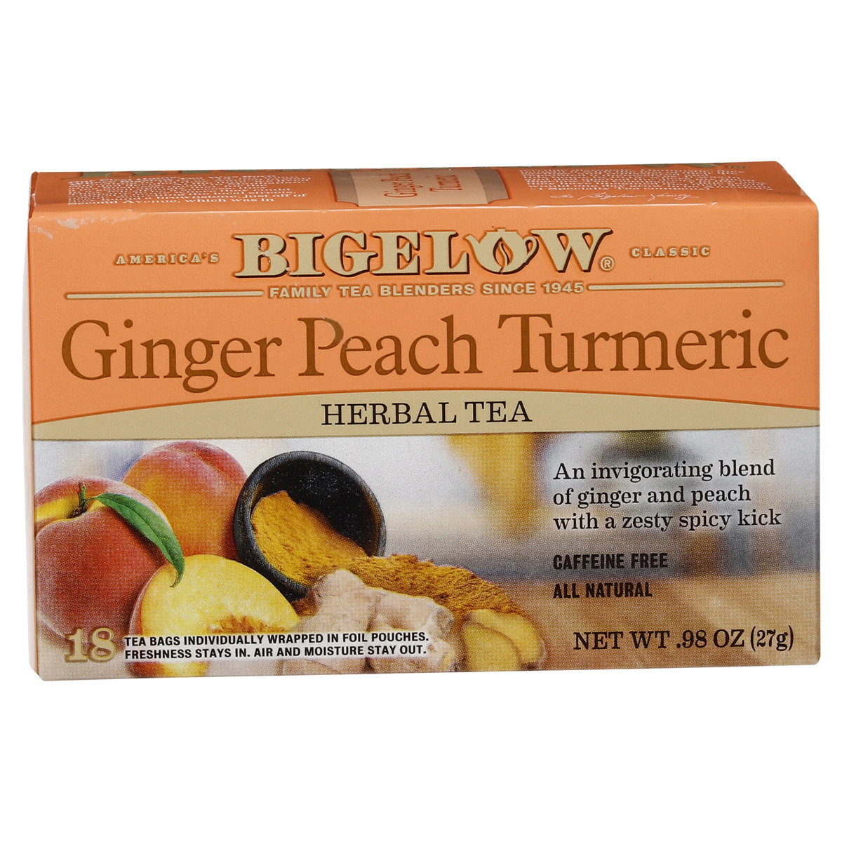 slide 1 of 7, Bigelow Herbal Tea Ginger Peach Turmeric Caffeine Free Tea Bags, 18 ct