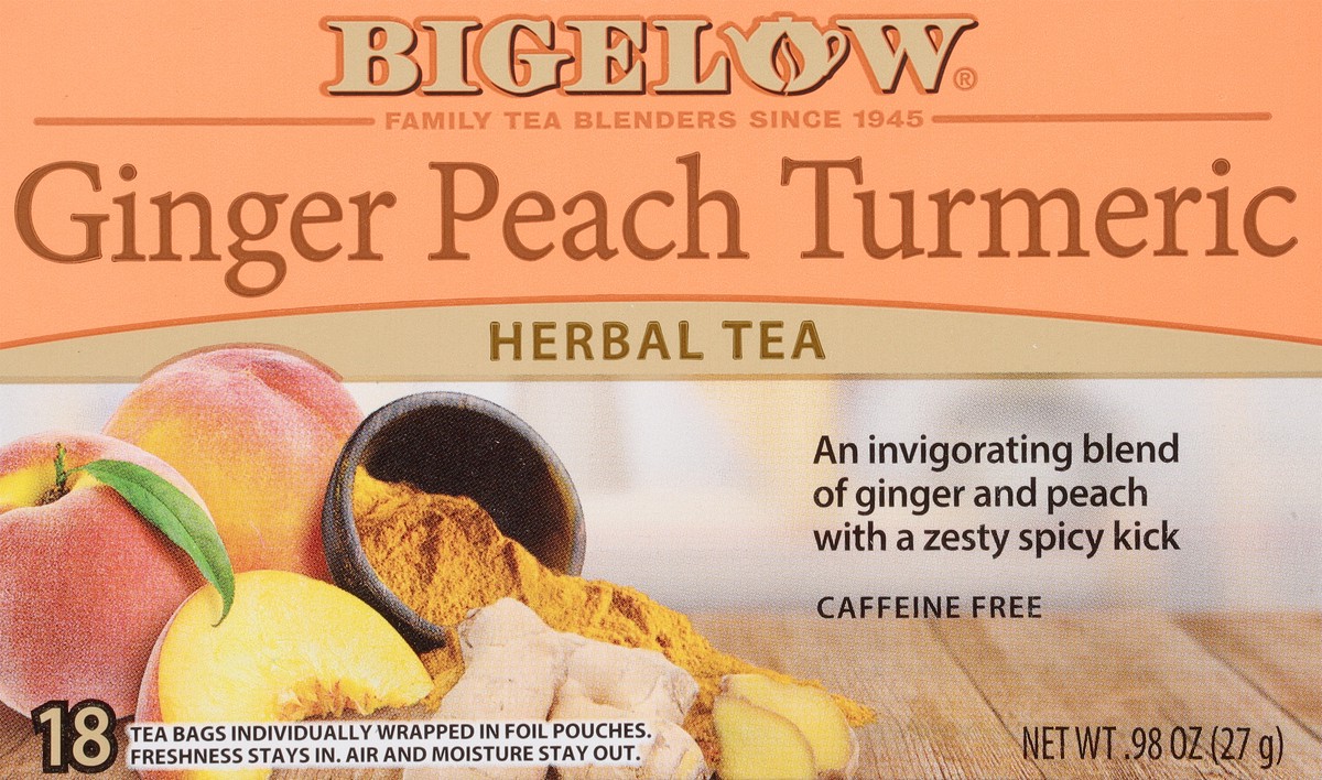 slide 6 of 9, Bigelow Caffeine Free Ginger Peach Turmeric Herbal Tea 18 Tea Bags, 18 ct