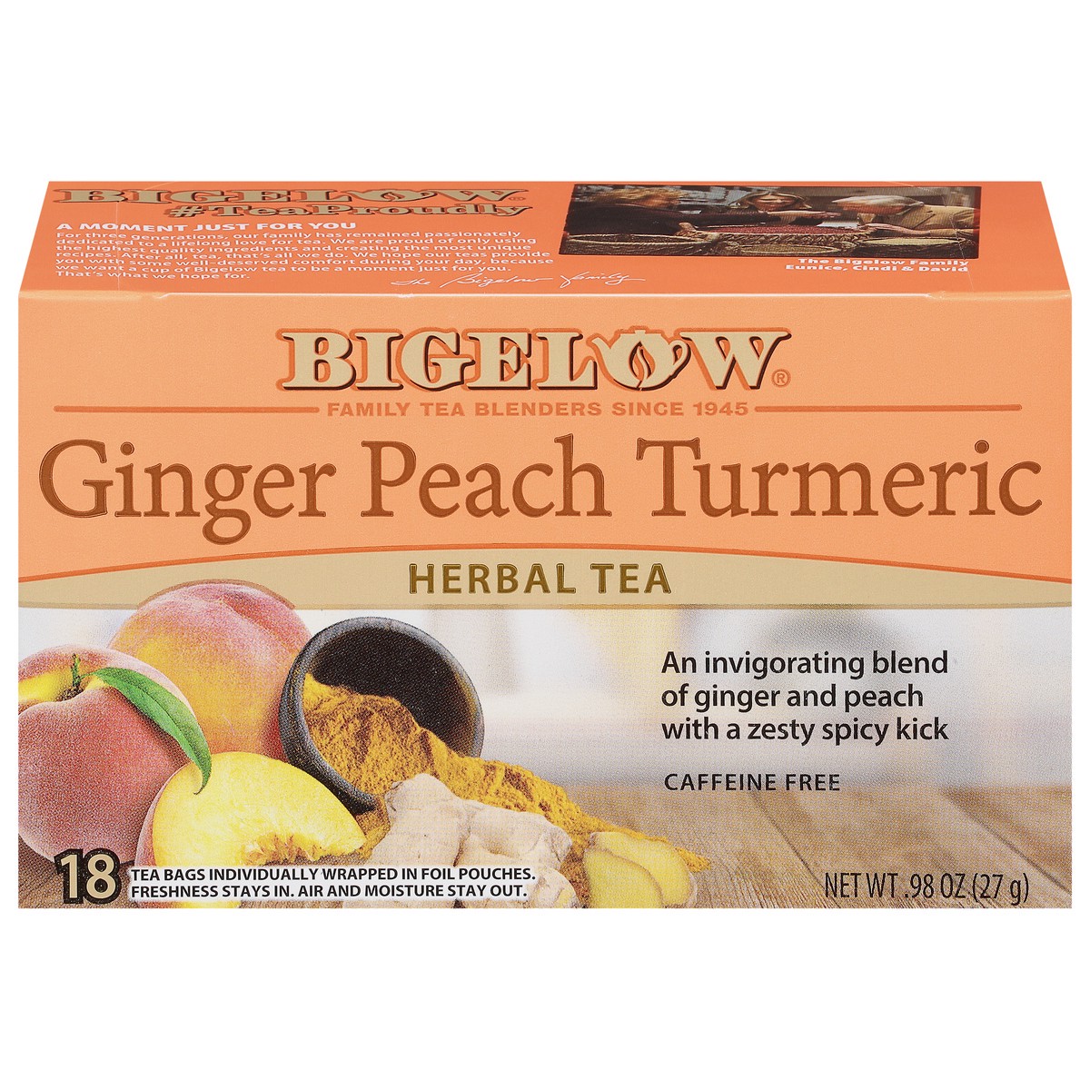 slide 1 of 9, Bigelow Caffeine Free Ginger Peach Turmeric Herbal Tea 18 Tea Bags, 18 ct