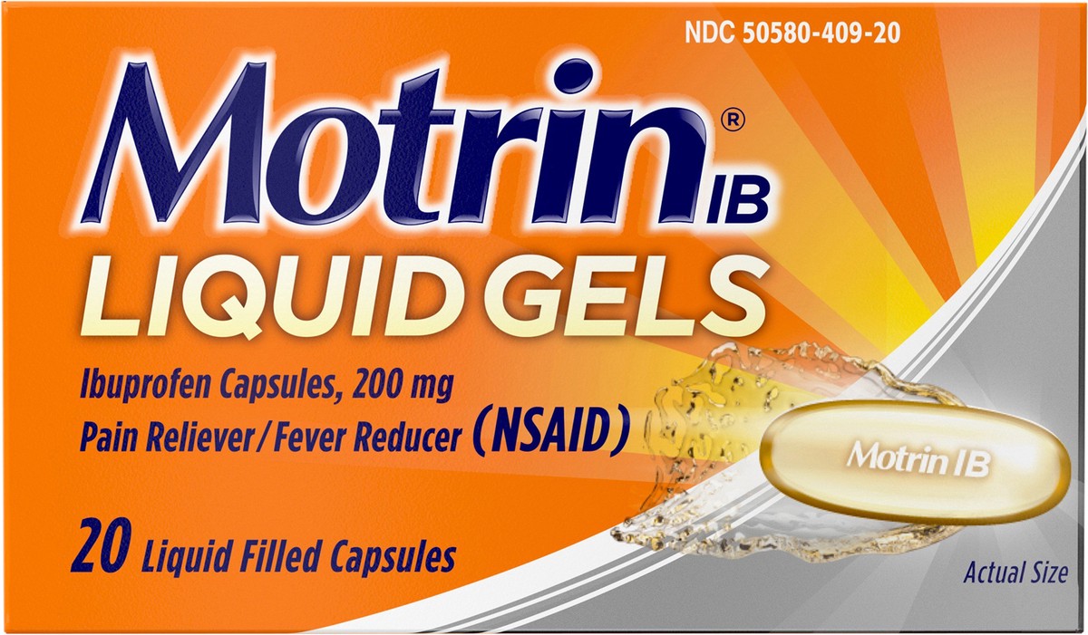 slide 5 of 7, Motrin IB Liquid Gels, Ibuprofen 200 mg, Pain Reliever & Fever Reducer Minor Arthritis Pain, Muscular Aches, Headache, Menstrual Cramps & Backache, NSAID, 20 Ct, 20 ct