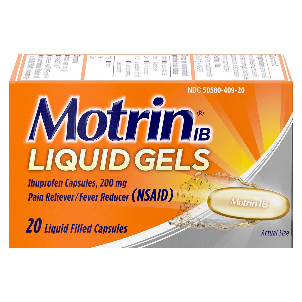 slide 1 of 7, Motrin IB Liquid Gels, Ibuprofen 200 mg, Pain Reliever & Fever Reducer Minor Arthritis Pain, Muscular Aches, Headache, Menstrual Cramps & Backache, NSAID, 20 Ct, 20 ct