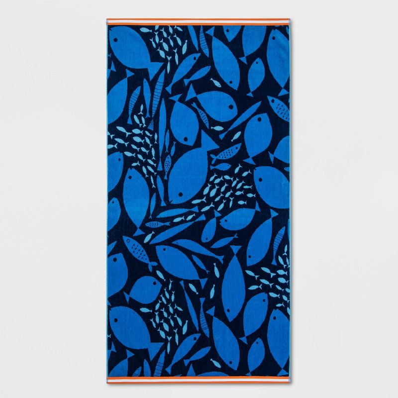 slide 1 of 3, XL Jacquard Fish Beach Towel Navy - Sun Squad™: 100% Cotton, Ocean Theme, Machine Washable, 72"x36", 1 ct