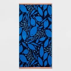XL Jacquard Fish Beach Towel Navy - Sun Squad™: 100% Cotton, Ocean Theme, Machine Washable, 72"x36"