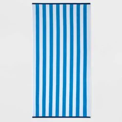 WOW Reversible Beach Towel Blue/White/Navy - Sun Squad™: Cotton, Lightweight, Terry, OEKO-TEX Certified