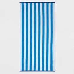 WOW Reversible Beach Towel Blue/White/Navy - Sun Squad™: Cotton, Lightweight, Terry, OEKO-TEX Certified