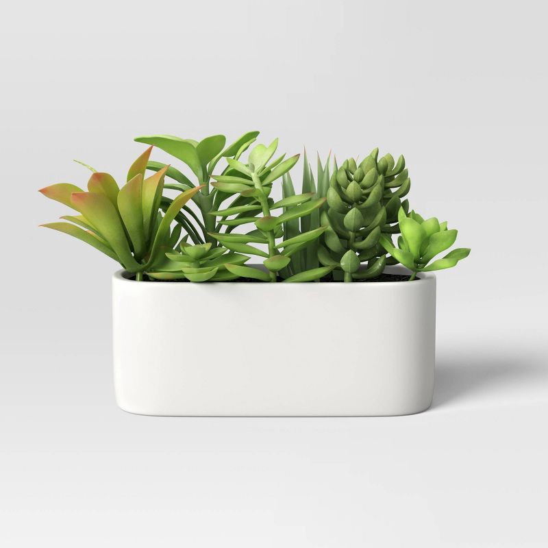 slide 1 of 4, Artificial Succulents in Long Pot White - Threshold™: Faux Greenery, Ceramic Base, Indoor Decor, 9" Width, 1 ct