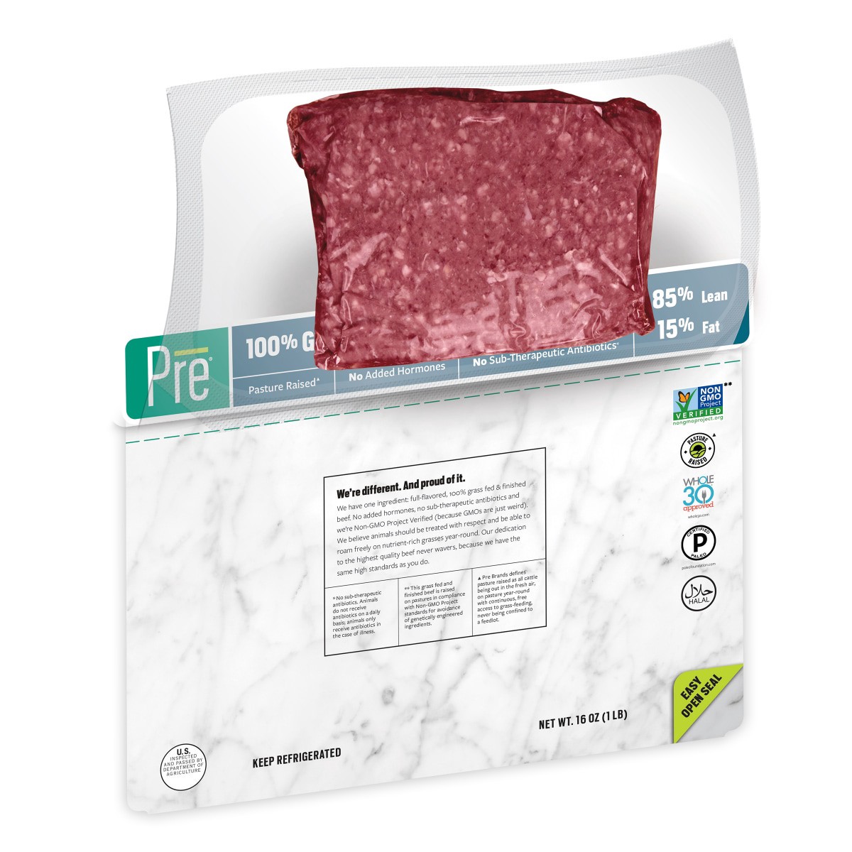 slide 5 of 21, Pre, 85% Lean Ground Beef 100% Grass-Fed, Grass- Finished, and Pasture-Raised, 16 oz