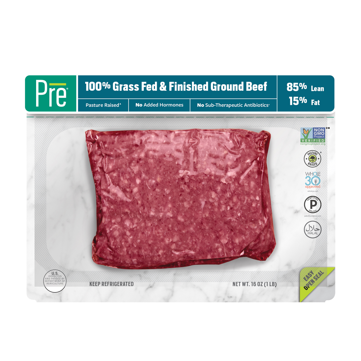 slide 1 of 19, Pre, 85% Lean Ground Beef  100% Grass-Fed, Grass- Finished, and Pasture-Raised  16oz., 16 oz